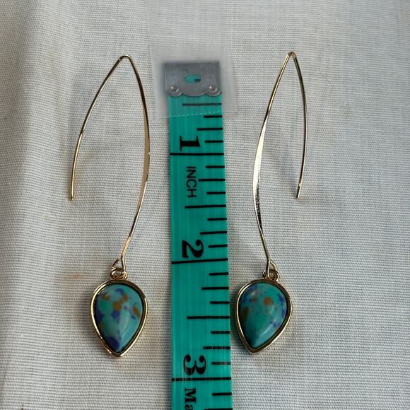 Gold Wire Slide Through Earrings Faux Turquoise Stone - Picture 3 of 4